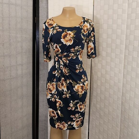 BRAND NEW CONNECTED APPAREL FLORAL COLORBLOCK RUCHED SIDE DESIGN 3/SLEEVE DRESS - Picture 1 of 15